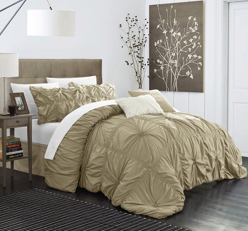 Chic Home Taupe Bed in a Bag Comforter Set, King Size (6 Piece), Halpert - Pintuck Pinch Pleat Microfiber Bedding - Shams, Bed Skirt, Flat & Fitted Sheet, Pillowcases, Breakfast & Decorative Pillow - Image 1